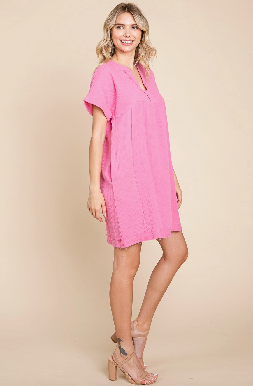 Pink Raw Edge V Neck Pocket Shift Mini Dress