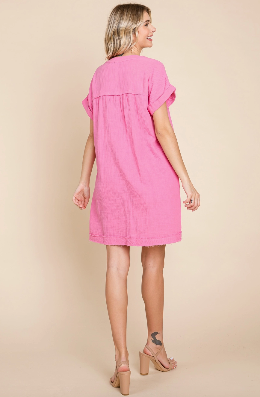 Pink Raw Edge V Neck Pocket Shift Mini Dress