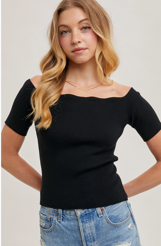 Scallop Hem Off the Shoulder Knit Top