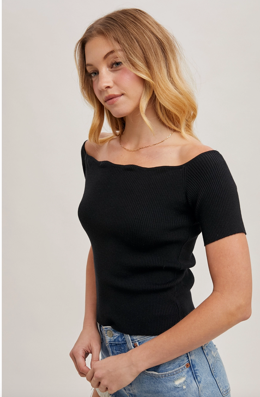 Scallop Hem Off the Shoulder Knit Top