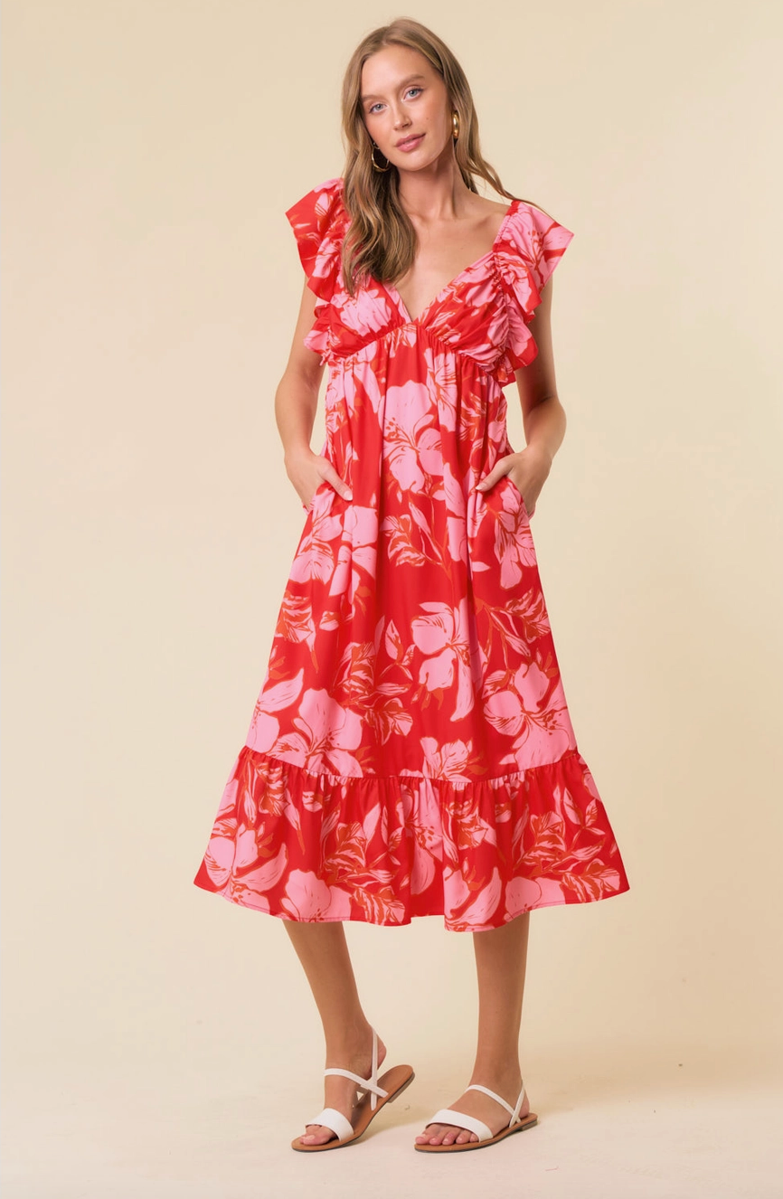 Floral Sweetheart Ruffle Sleeve Tie Back Midi Dress