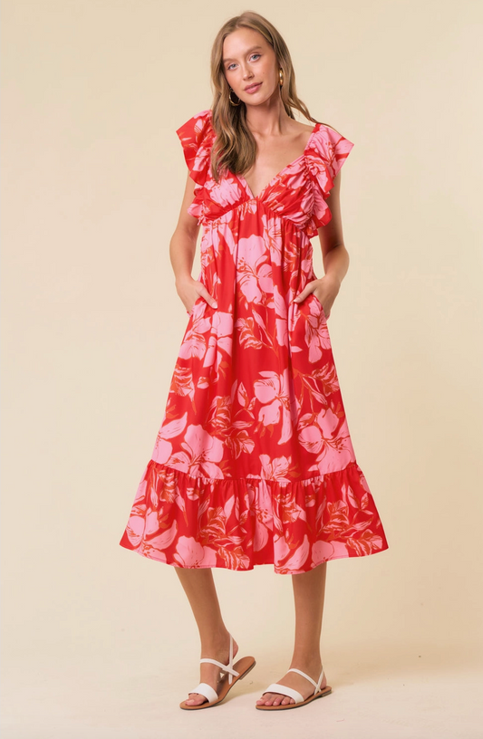 Floral Sweetheart Ruffle Sleeve Tie Back Midi Dress