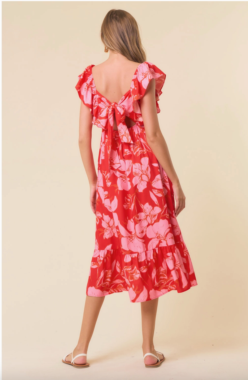 Floral Sweetheart Ruffle Sleeve Tie Back Midi Dress