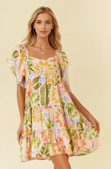 Tropical Floral Print Dress with Ruffle Sleeve