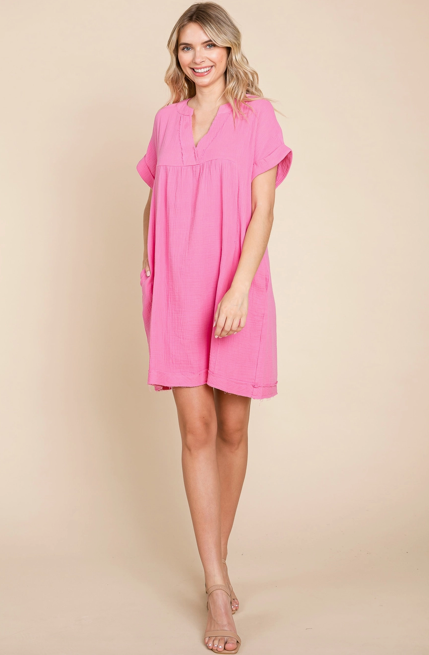 Pink Raw Edge V Neck Pocket Shift Mini Dress