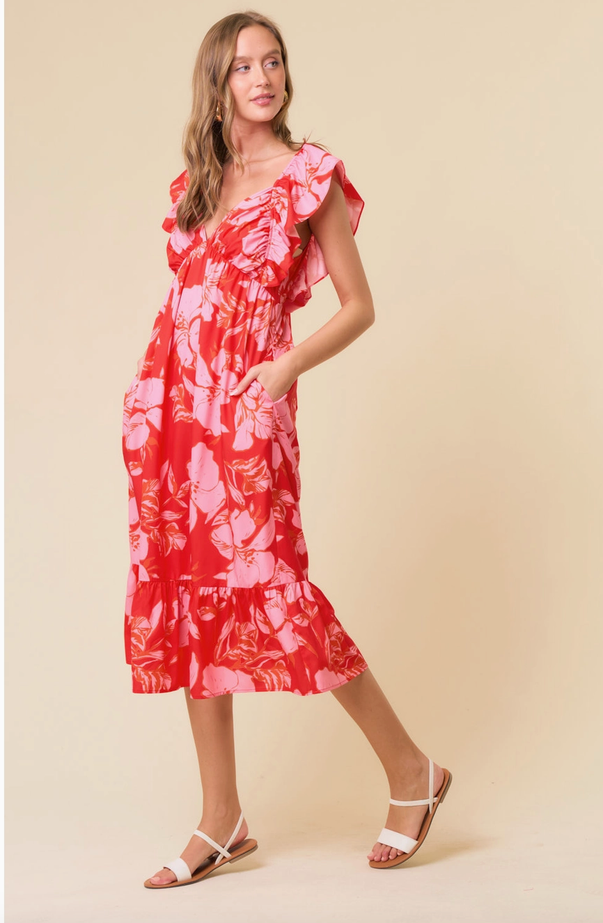Floral Sweetheart Ruffle Sleeve Tie Back Midi Dress